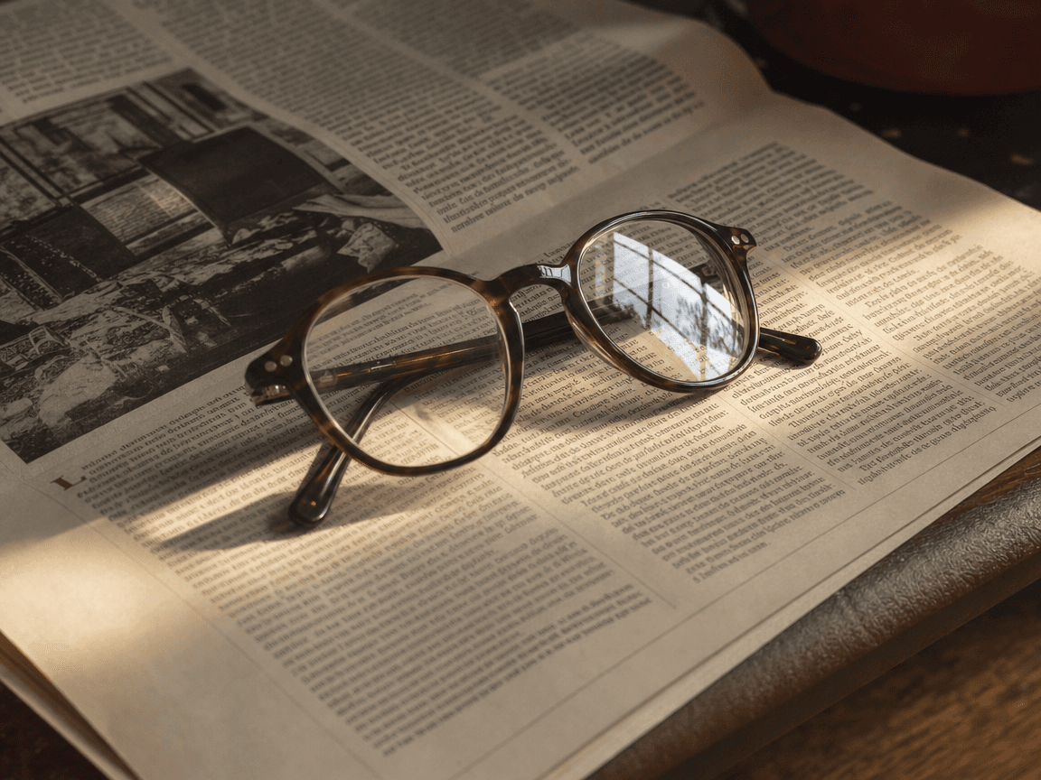 Une paire de lunettes posée sur un journal ouvert, un reflet de fenêtre glissant sur les verres transparents, lumière de fin de matinée.