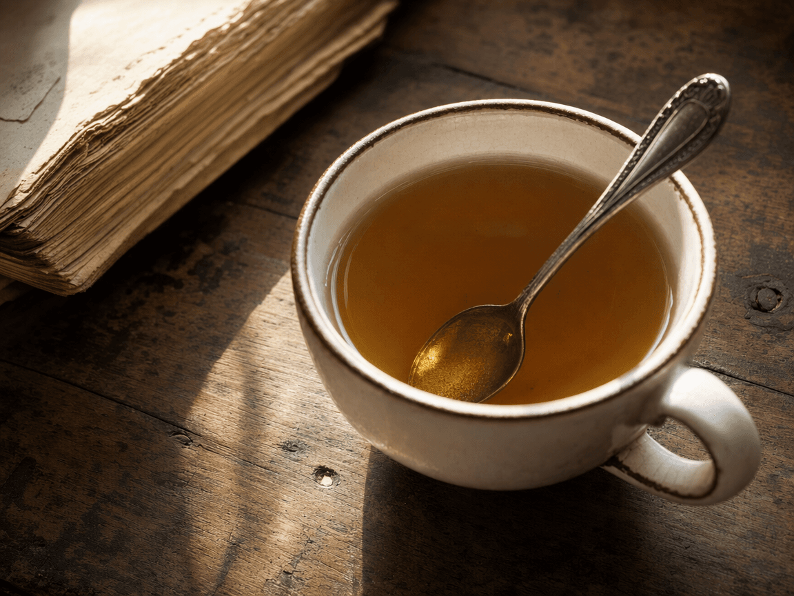 Une cuillère à café posée dans une tasse de thé refroidie, sur une table en bois usé, un rai de lumière de fin d'après-midi faisant luire le sucre non dissous au fond.
