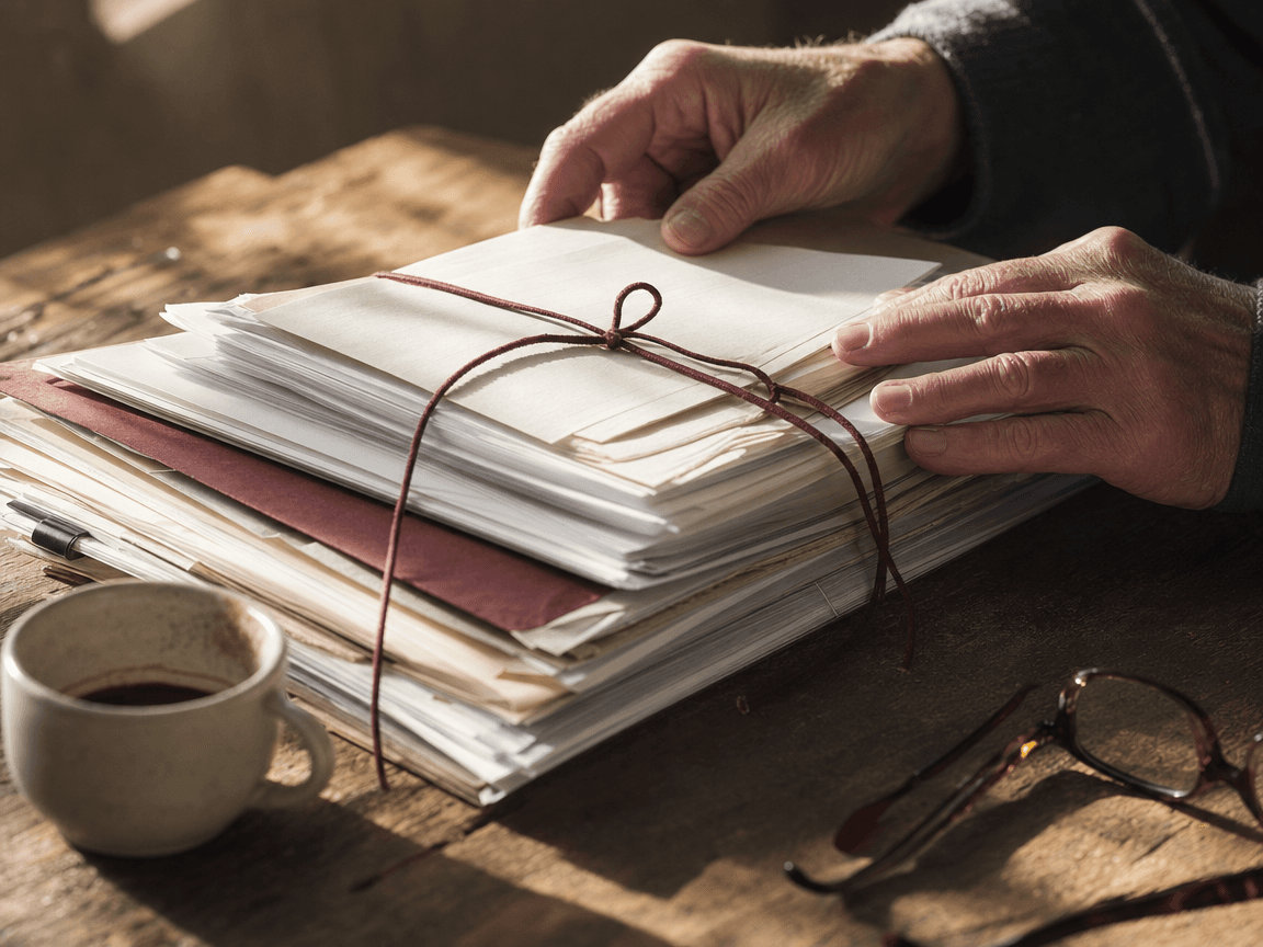 Une liasse de documents administratifs posée sur une table en bois usé, à côté d'une tasse de café refroidie, dans la lumière oblique d'une fin d'après-midi.