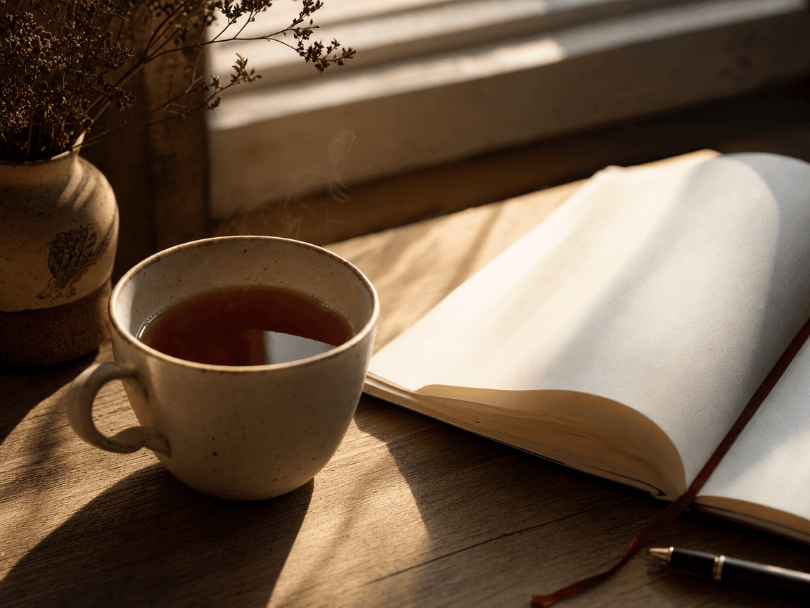 Une tasse de thé encore chaude posée sur une table en bois, à côté d'un carnet ouvert aux pages vierges, dans la lumière oblique d'une fin d'après-midi.