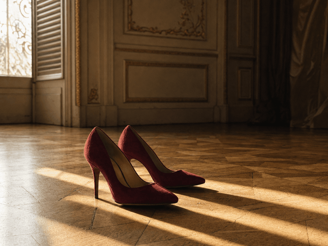 Une paire d'escarpins rouges posée sur le parquet d'une salle de bal déserte, la lumière du soir entrant en biais par une fenêtre à volets mi-clos.