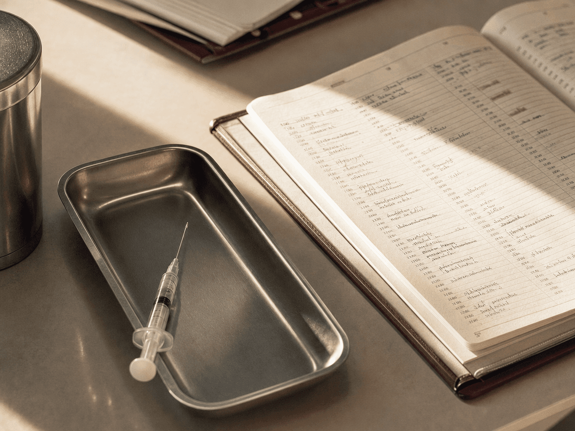 Une seringue fine posée sur un plateau en inox, à côté d'un agenda papier ouvert sur une page de rendez-vous saturée, dans la lumière rasante d'un cabinet médical en fin d'après-midi.