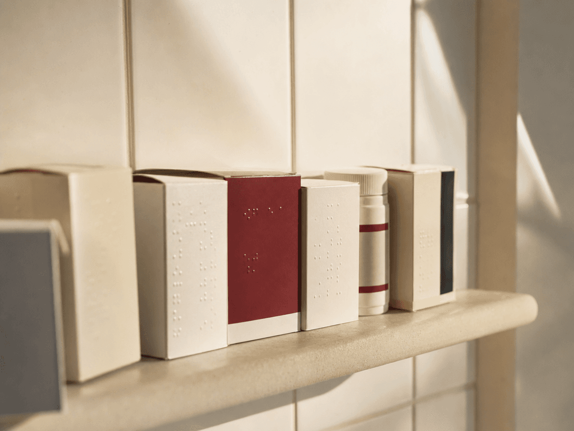 Une rangée de boîtes de médicaments alignées sur une étagère de salle de bain carrelée, baignée d'une lumière d'été rasante qui fait fondre les ombres sur le mur blanc.