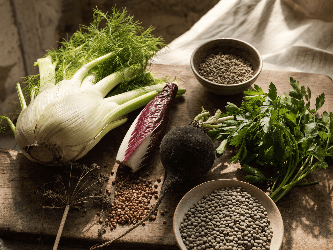 Une planche en bois usée sur laquelle reposent une dizaine de légumes, herbes et graines disparates — fenouil, lentilles, radis noir, sarrasin, persil plat — disposés sans symétrie, dans une lumière de fin d'après-midi qui racle les textures.