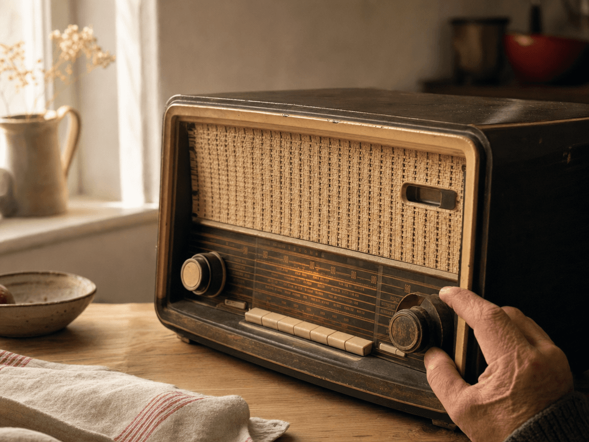 Un vieux poste de radio à cadran allumé posé sur une table de cuisine en bois, capturé en lumière rasante de fin d'après-midi, le bouton de volume légèrement usé par des années de main.