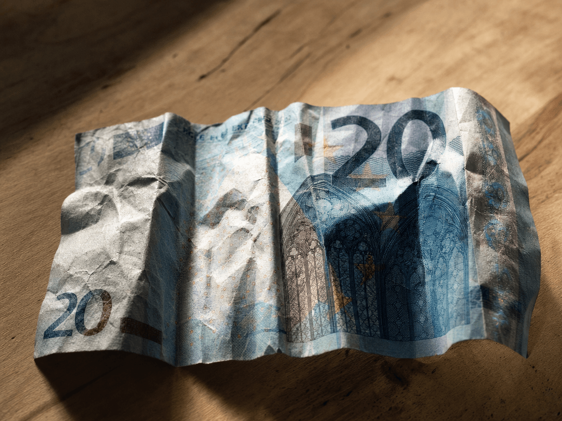 Un billet de vingt euros froissé posé à plat sur une table en bois clair, éclairé en lumière rasante de fin d'après-midi, révélant chaque relief du papier-monnaie comme une topographie.