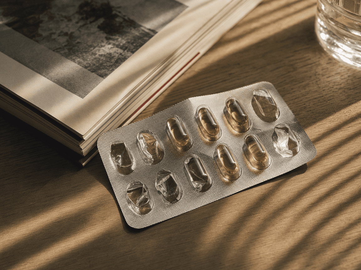 Une plaquette thermoformée de capsules translucides dorées, à moitié vide, posée sur une table en bois clair striée de lumière matinale rasante, photographiée en plongée légère.