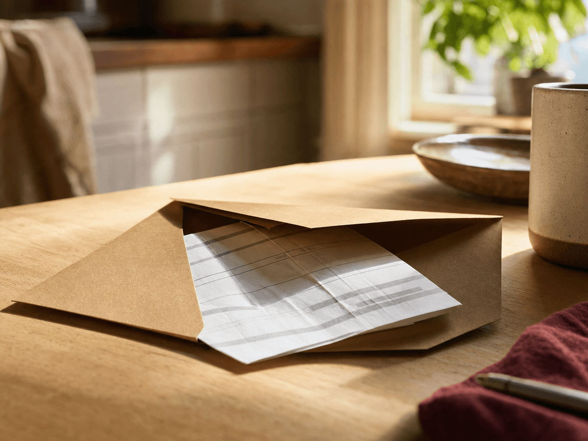 Une enveloppe kraft entrouverte posée sur une table en bois clair, laissant dépasser le coin d'un relevé bancaire froissé, éclairée par la lumière rasante d'une fenêtre de cuisine en fin de matinée.