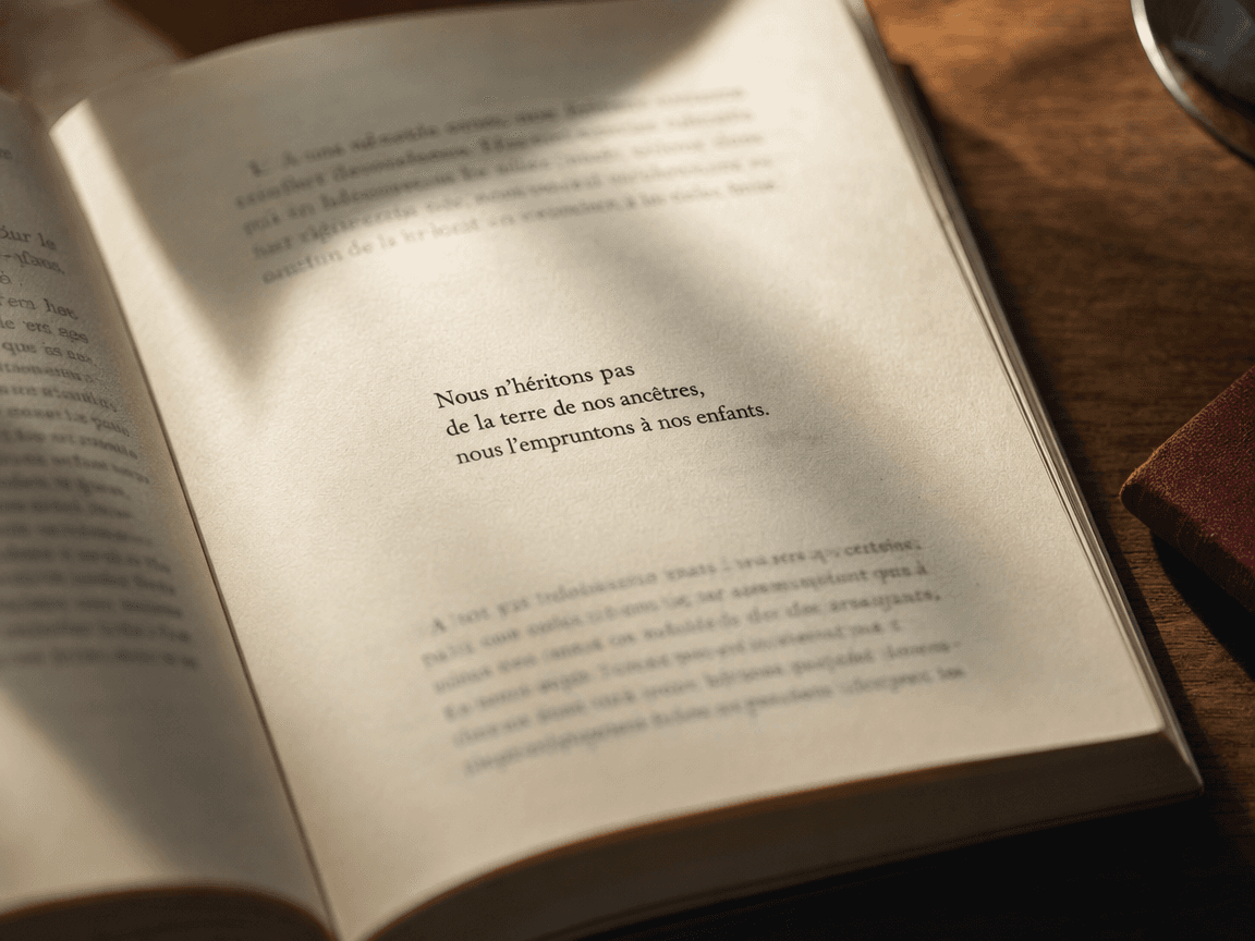 Une page de livre ouverte sur une table en bois, éclairée par la lumière rasante d'une fenêtre, où quelques mots au centre sont nets tandis que le reste de la page se fond dans un halo doux et lumineux.