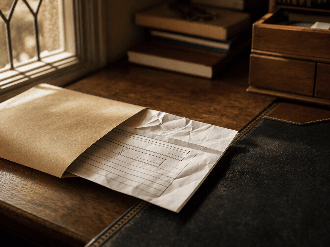 Une enveloppe kraft ouverte posée sur un bureau en chêne ciré, laissant glisser un RIB froissé vers un sous-main en cuir sombre, lumière de fin d'après-midi rasante depuis une fenêtre à petits carreaux.