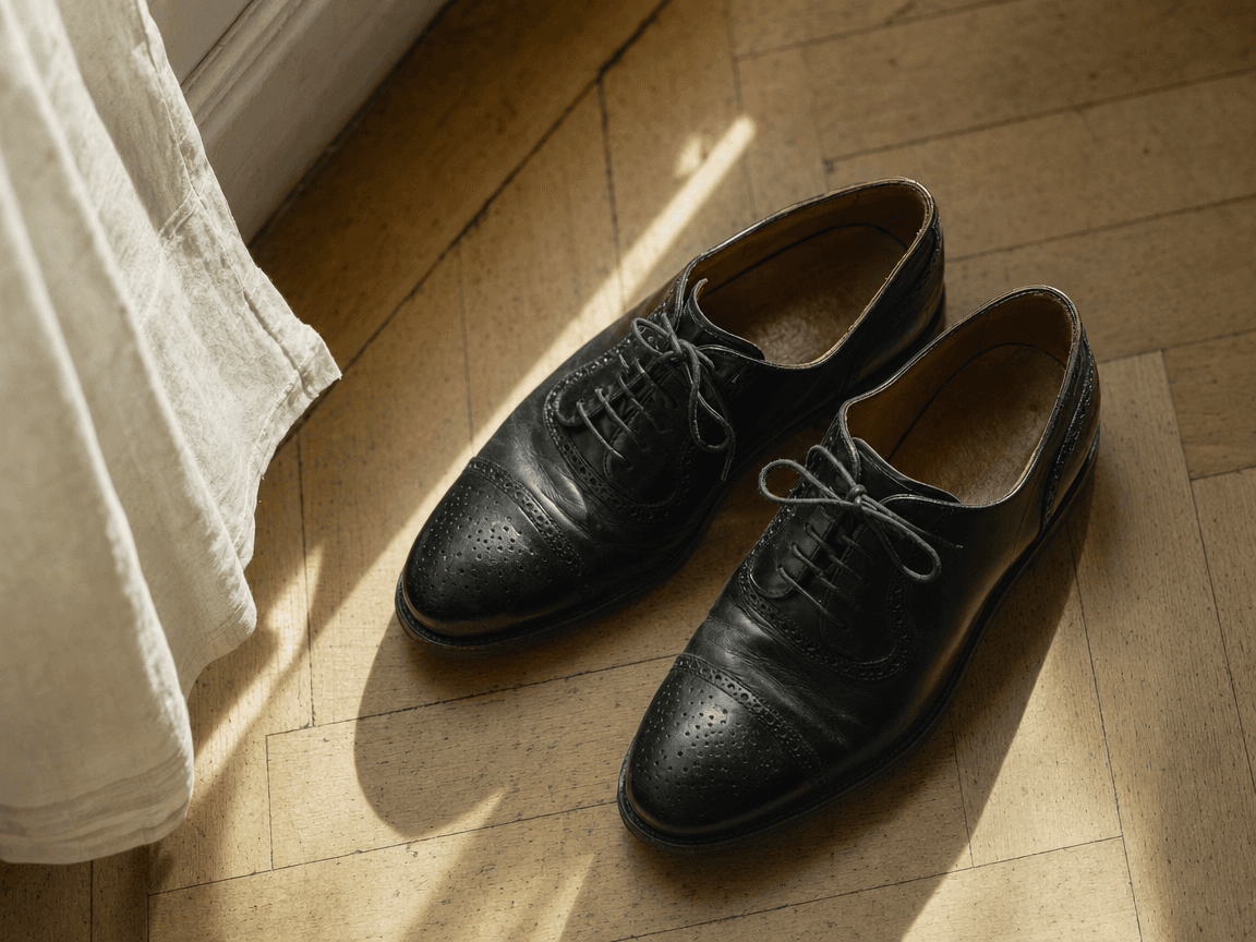 Une paire de chaussures de ville légèrement usées posée sur un parquet en bois clair, photographiée en plongée douce, la lumière du matin rasant le sol depuis une fenêtre hors champ.