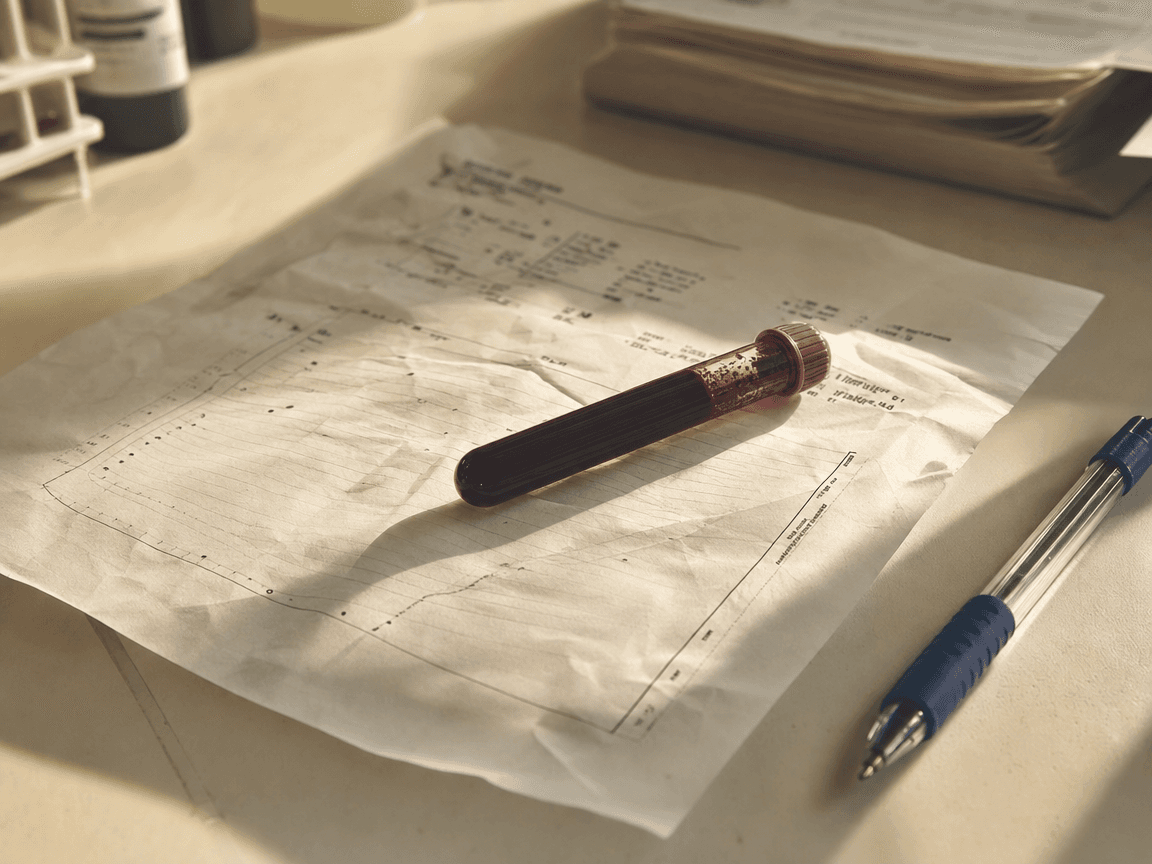Une paillasse de laboratoire en lumière rasante du matin : un tube de sang sombre posé sur un compte-rendu d'analyse froissé, stylo biro à côté, fenêtre hors champ.