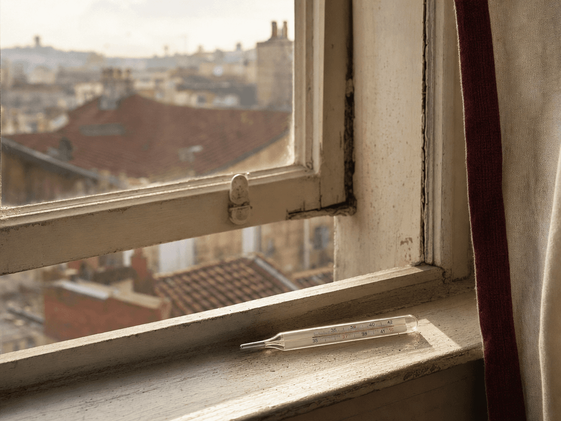 Un thermomètre à mercure posé sur le rebord d'une fenêtre entrouverte, la lumière de fin d'après-midi faisant vibrer l'air au-dessus des toits de tuiles flous à l'arrière-plan.
