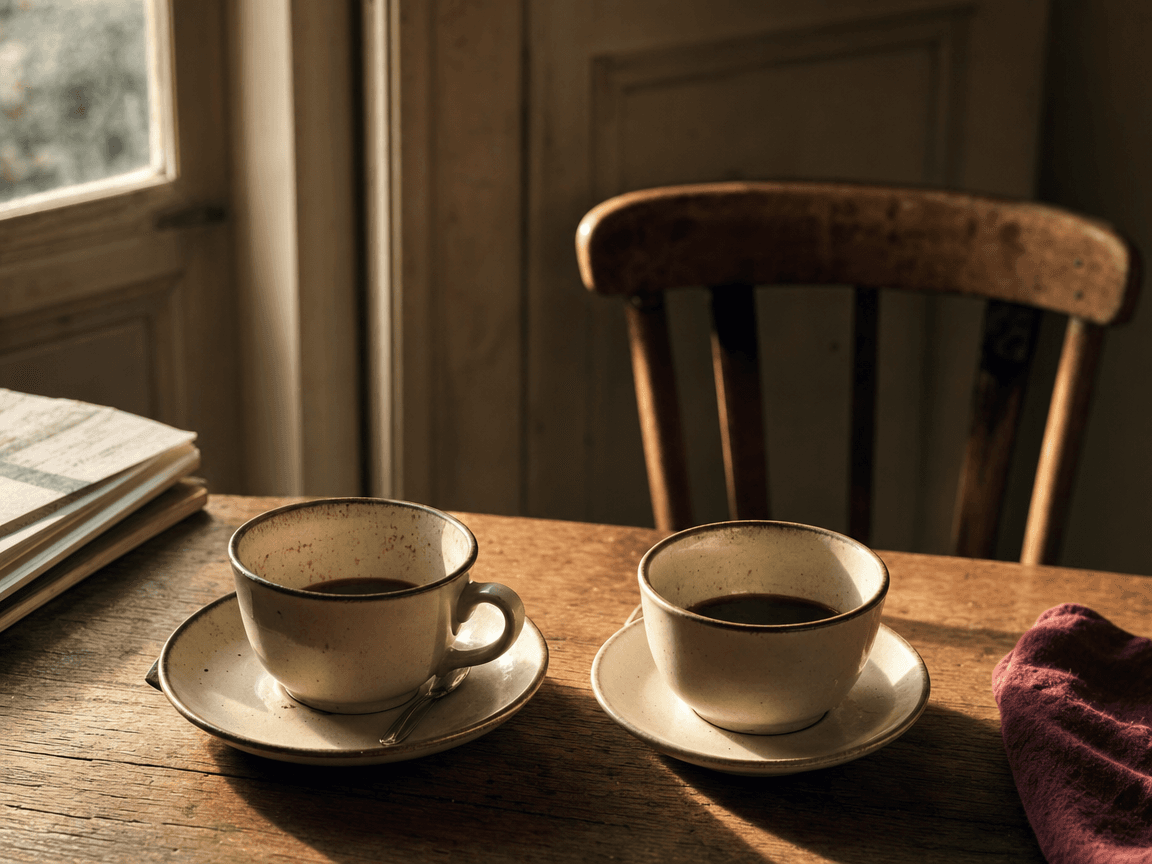 Deux tasses de café à moitié vides posées face à face sur une table en bois usé, lumière de fin d'après-midi rasant la surface, une chaise vide en arrière-plan légèrement floue.