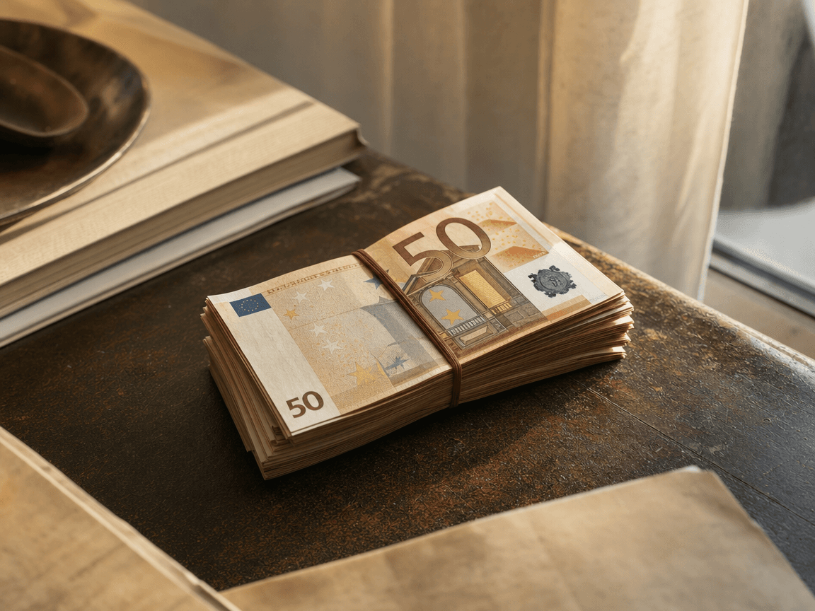 Une liasse de billets de cinquante euros posée sur un comptoir en bois sombre, retenue par un élastique rouge, photographiée en lumière rasante de fin d'après-midi.