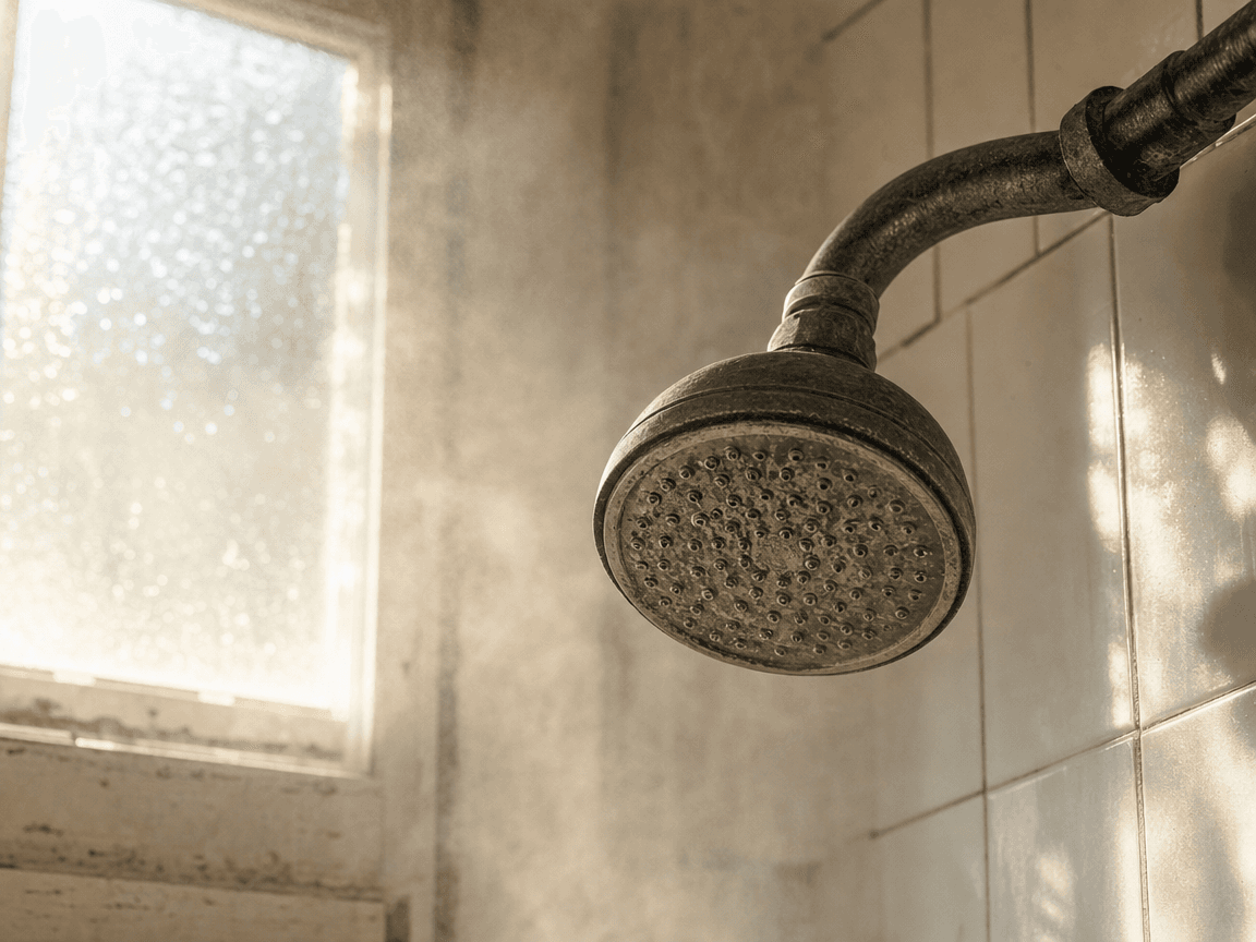 Un pommeau de douche ancien, légèrement calcaire, photographié en contre-plongée dans la vapeur d'une salle de bains aux carreaux de faïence blanche, lumière rasante de fin de matinée traversant une fenêtre dépolie.