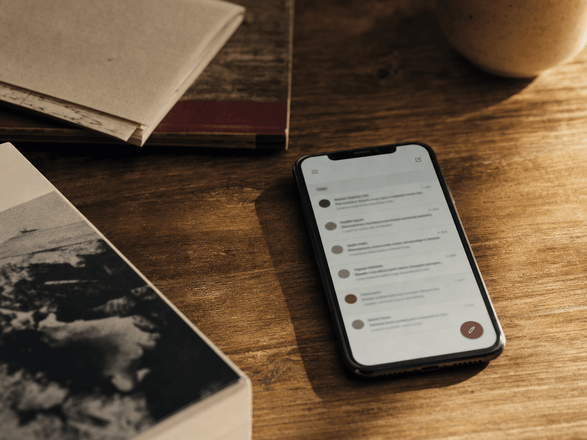 Un smartphone posé sur une table en bois, écran allumé affichant un e-mail non lu, lumière de fin d'après-midi rasant la surface et révélant la texture du grain, fond légèrement flou.