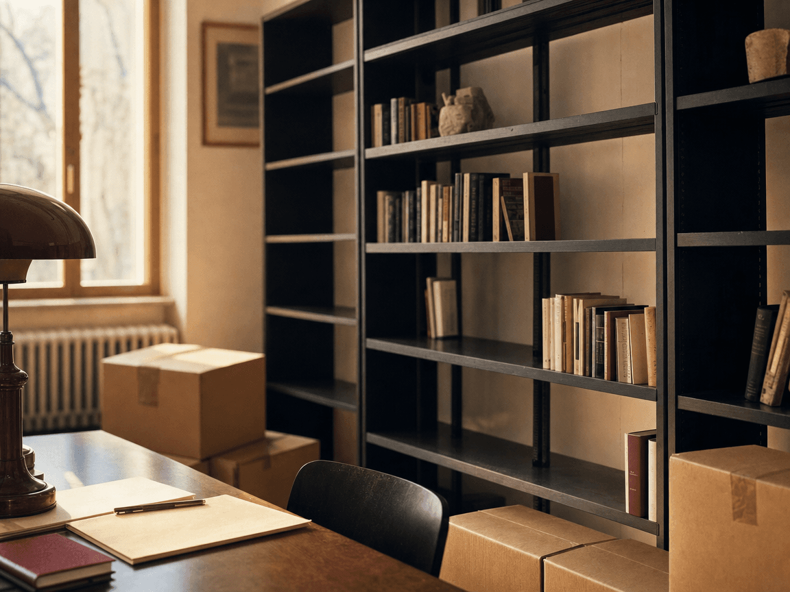Une bibliothèque aux rayonnages à moitié vidés, quelques livres encore debout entre des espaces béants, une lumière d'après-midi filtrant par une fenêtre sur des cartons fermés posés au sol.