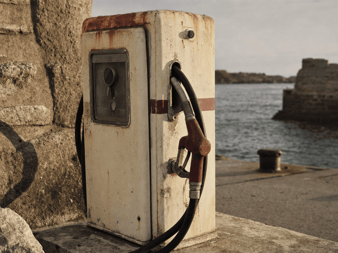 Une pompe à carburant rouillée sur un quai de port breton, la mer grise en arrière-plan, éclairée par une lumière rasante de fin d'après-midi.