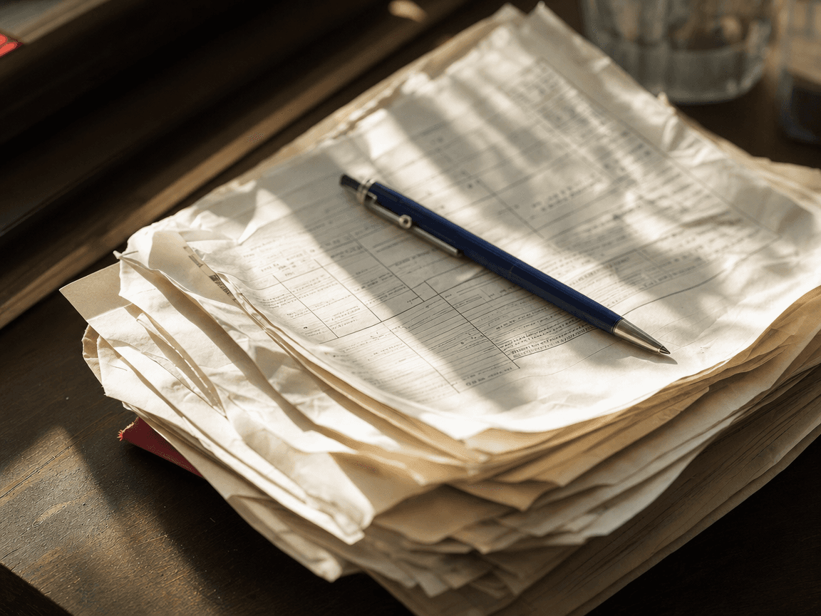 Une liasse de documents administratifs froissés posée sur un bureau en bois sombre, stylo bic abandonné en travers, lumière de fin d'après-midi rasante depuis une fenêtre hors champ.