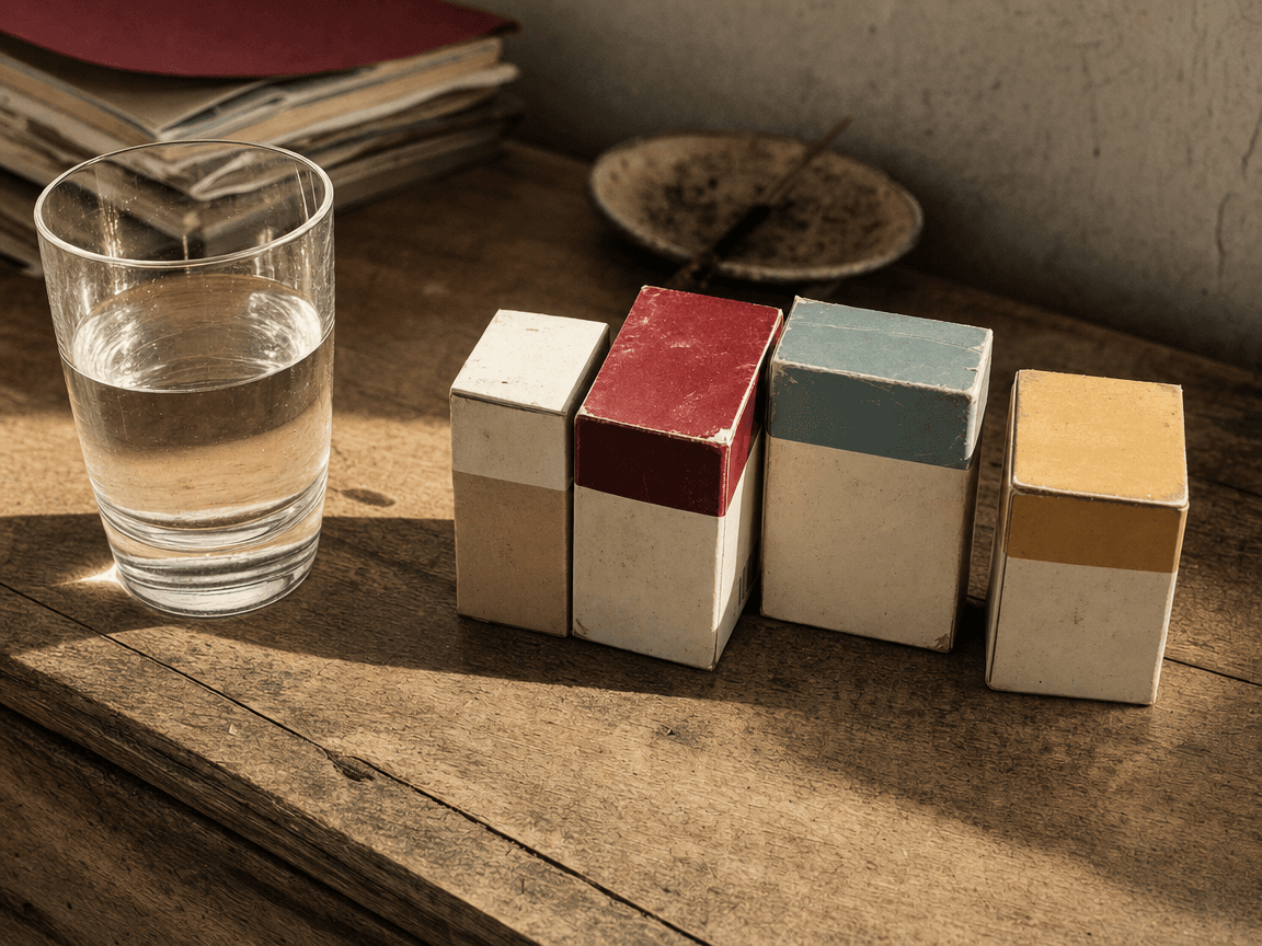 Sur une table en bois usé baignée de lumière matinale, quatre boîtes de médicaments aux couleurs passées sont alignées près d'un verre d'eau à moitié plein, dont l'ombre longue s'étire sur la surface.