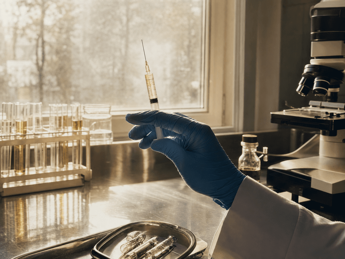 Une main de chercheur, gantée de latex bleu, tient à contre-jour devant une fenêtre de laboratoire une fine seringue remplie d'un liquide translucide légèrement ambré, dont le reflet se diffuse sur la paillasse en inox.