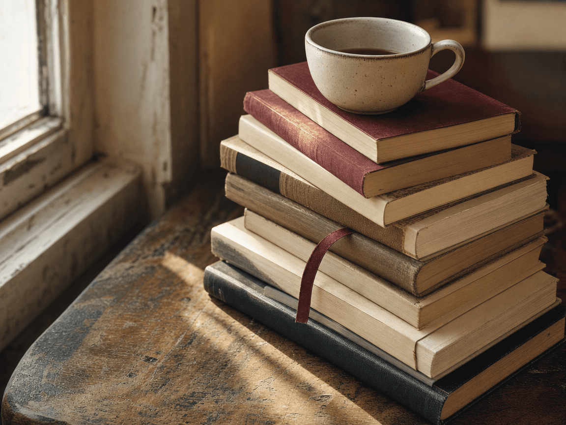 Une table en bois usé, près d'une fenêtre à la lumière oblique d'août, où s'empilent une dizaine de romans à la tranche serrée, un marque-page glissé à mi-chemin dans l'un d'eux, une tasse de café refroidie posée dessus.