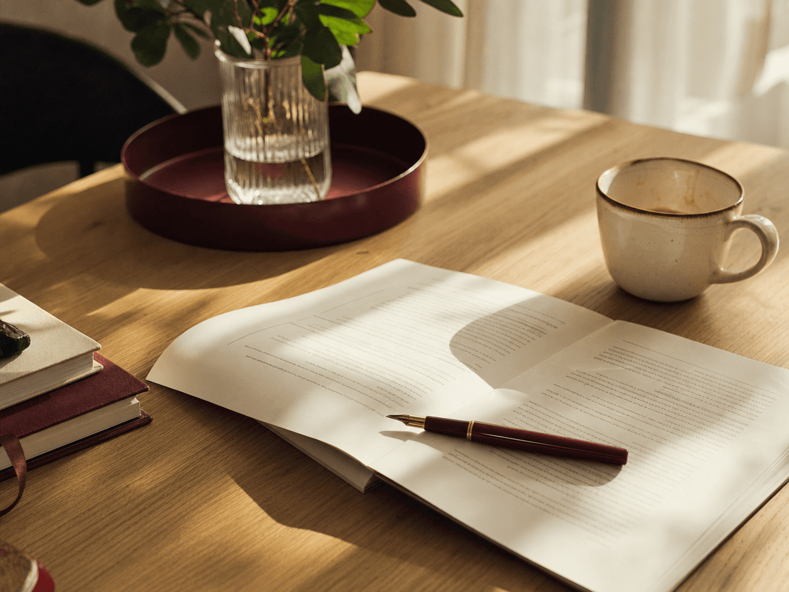 Une table de salle à manger en chêne clair, sur laquelle repose un contrat ouvert, un stylo posé en travers et une tasse de café à moitié vide, baignés d'une lumière de fin de matinée filtrant par une fenêtre hors champ.