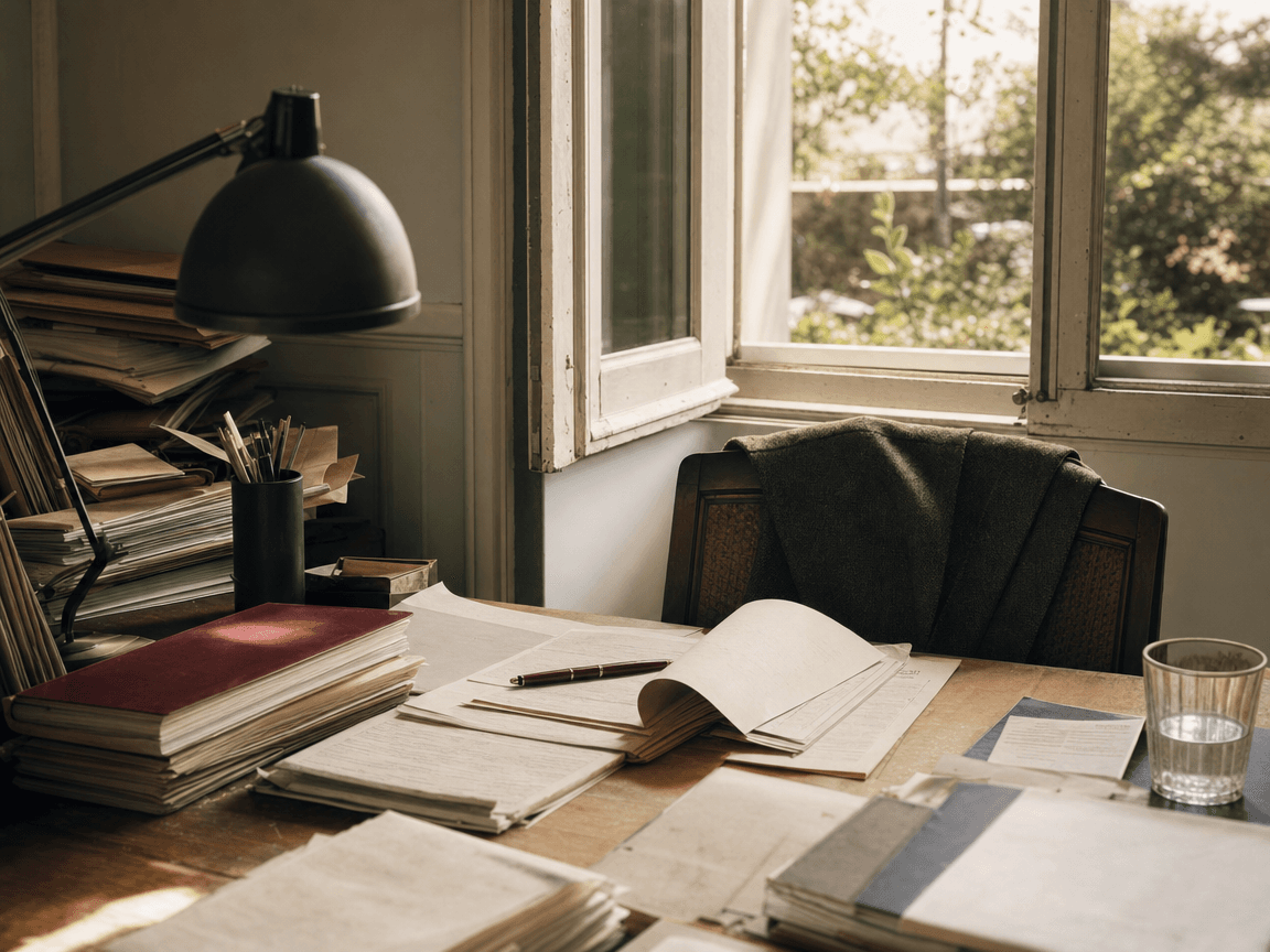 Un bureau encombré de dossiers abandonnés en plein milieu, veste posée sur le dossier d'une chaise vide, fenêtre ouverte sur un jardin ensoleillé.