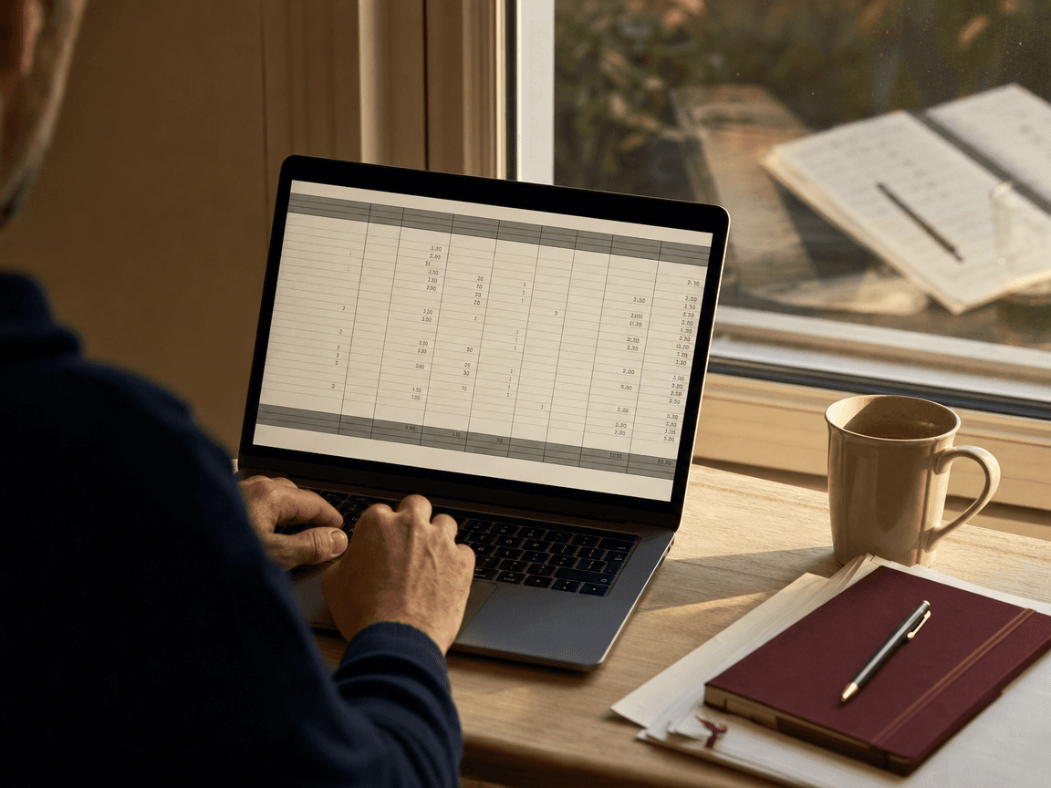 Un écran d'ordinateur portable ouvert sur un tableau de chiffres incomplets, posé sur une table en bois clair près d'une fenêtre, la lumière de fin d'après-midi faisant apparaître le reflet flou d'un agenda papier dans la vitre.