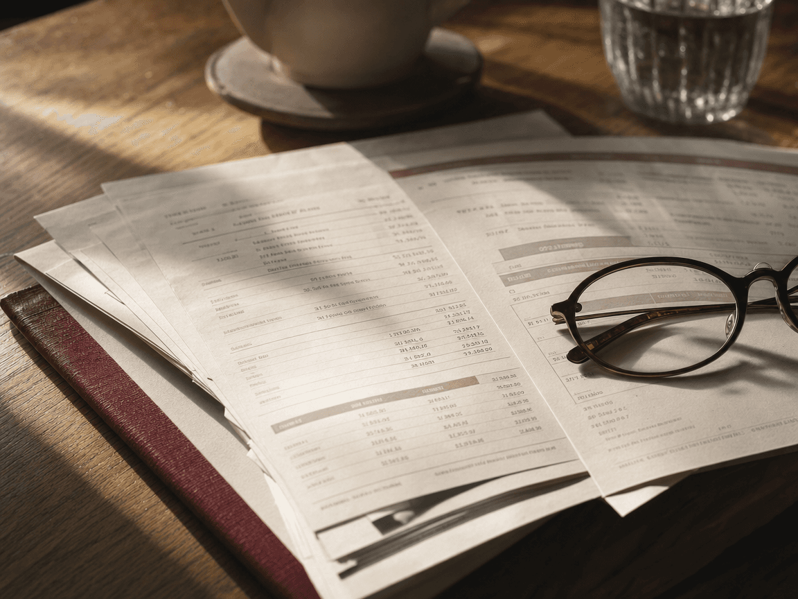Une liasse de relevés de pension posée sur une table en bois, la lumière rasante du matin faisant apparaître les chiffres sans qu'on puisse les lire tout à fait.