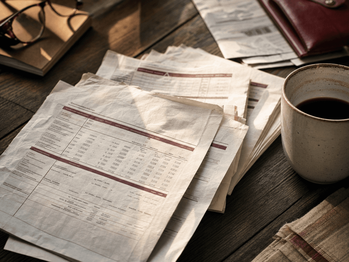 Une liasse de relevés de points de retraite froissés sur une table en bois, à côté d'une tasse de café refroidie, éclairée par la lumière rasante d'une fin d'après-midi.