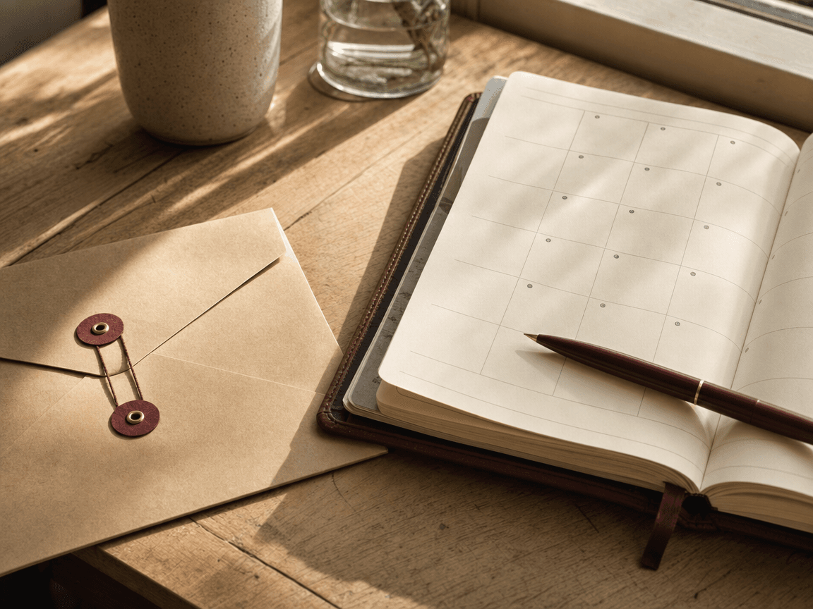 Une enveloppe kraft posée sur une table en bois clair, à côté d'un agenda ouvert sur le mois de juin, stylo bille posé en travers, lumière rasante de fin de matinée.