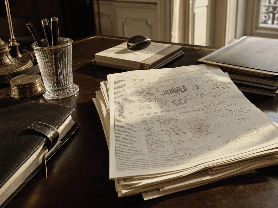 Une liasse de documents budgétaires annotés au stylo rouge posée sur un bureau en bois sombre, effleurée par la lumière oblique d'une fenêtre de ministère.