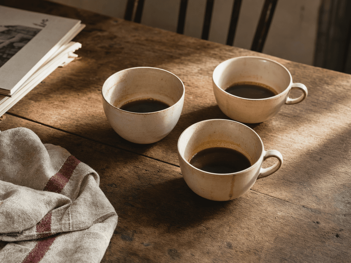 Une table de cuisine en bois usé, trois tasses de café à moitié vides disposées en triangle, lumière rasante de fin de matinée.