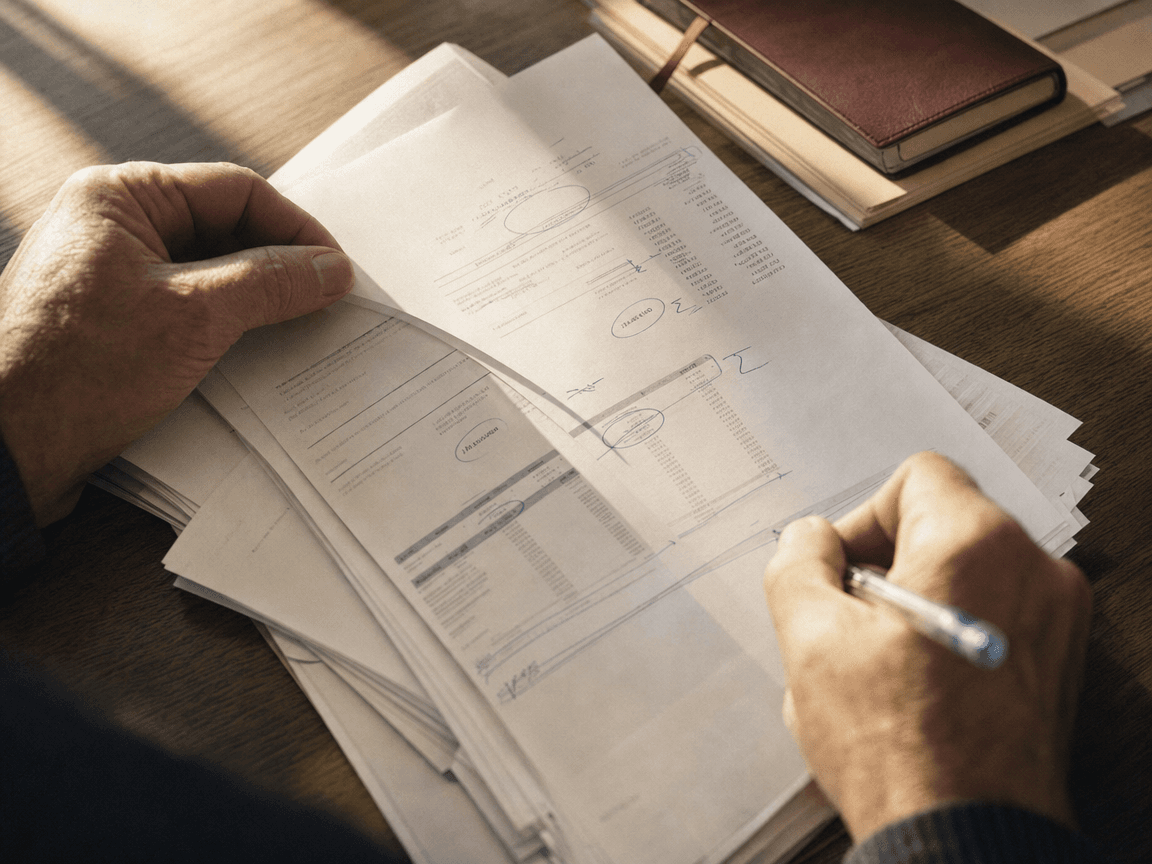 Une liasse de relevés de pension annotés au stylo-bille bleu, posée sur une table en chêne clair, éclairée en lumière rasante de fin d'après-midi.