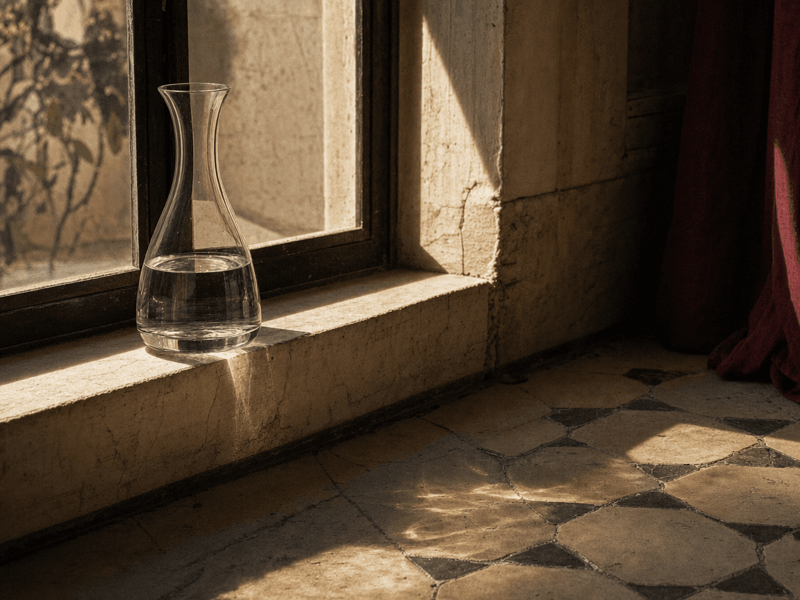 Une carafe d'eau posée sur un rebord de fenêtre en pierre, la lumière de fin d'après-midi traversant le verre et projetant une flaque dorée sur un carrelage ancien légèrement fissuré.