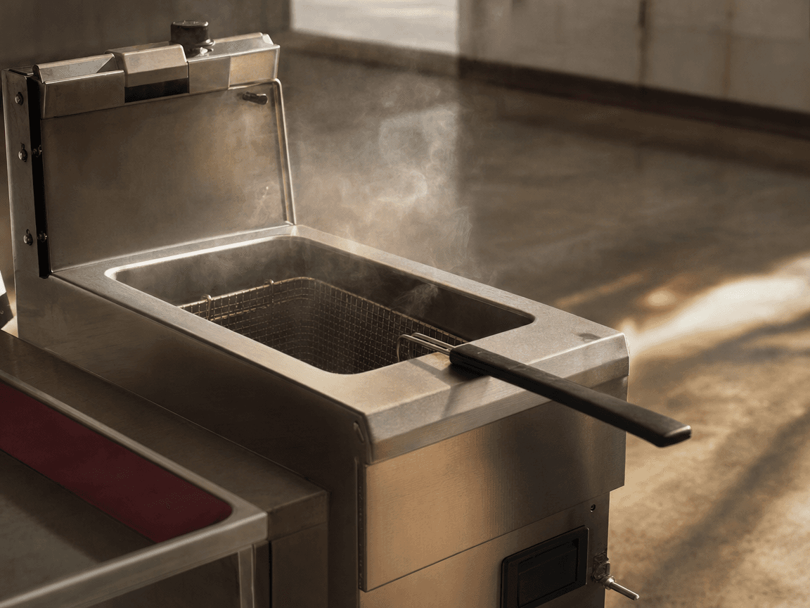 Une friteuse industrielle en inox brossé, vue en plongée légère, laisse échapper un filet de vapeur blanche dans la lumière oblique d'un hangar d'exposition, posée sur un sol en béton ciré aux reflets ambrés.