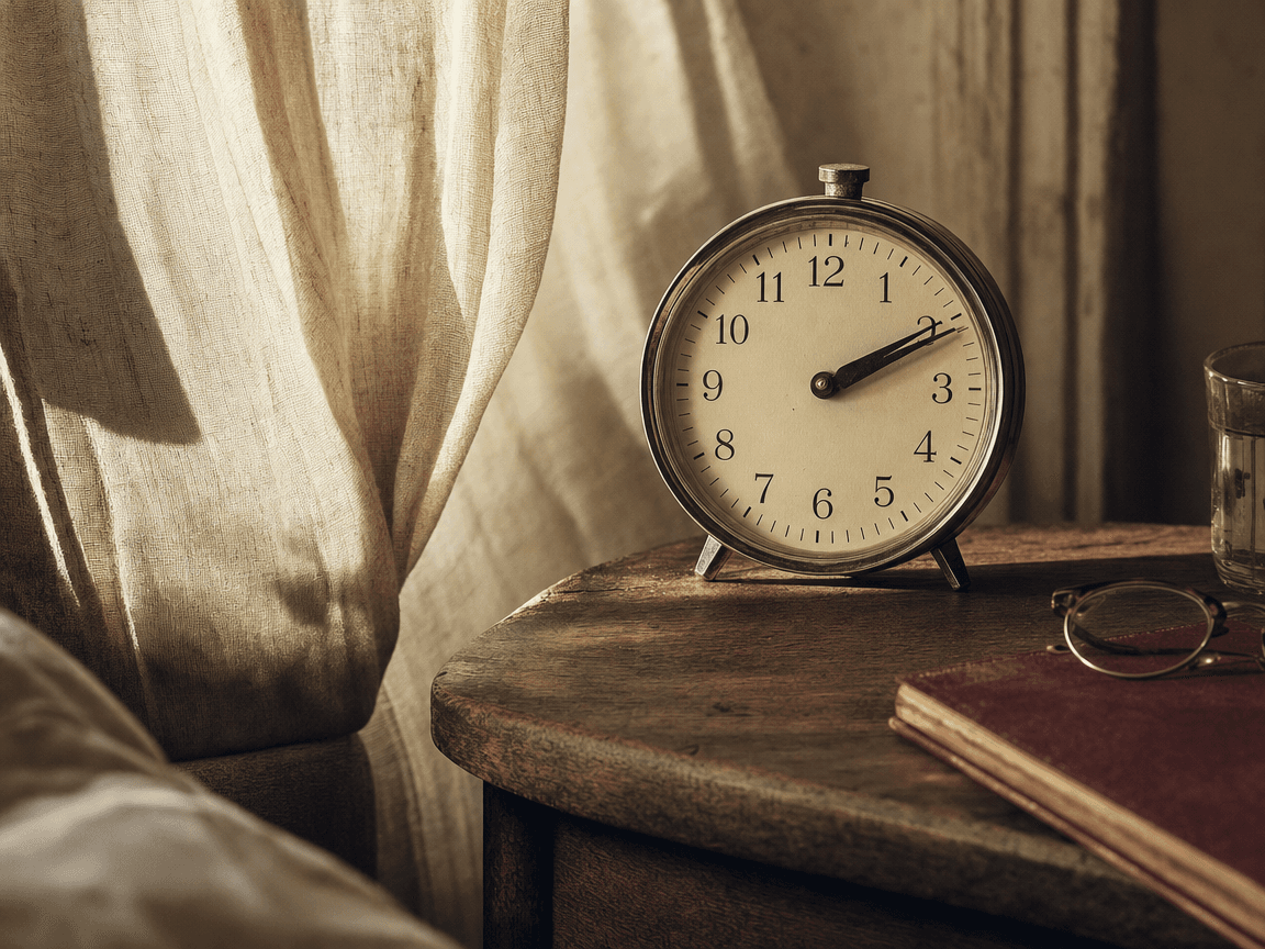 Un réveil mécanique posé sur une table de nuit en bois, aiguilles arrêtées entre deux heures, dans la lumière oblique et dorée du petit matin filtrant à travers des rideaux de lin froissés.