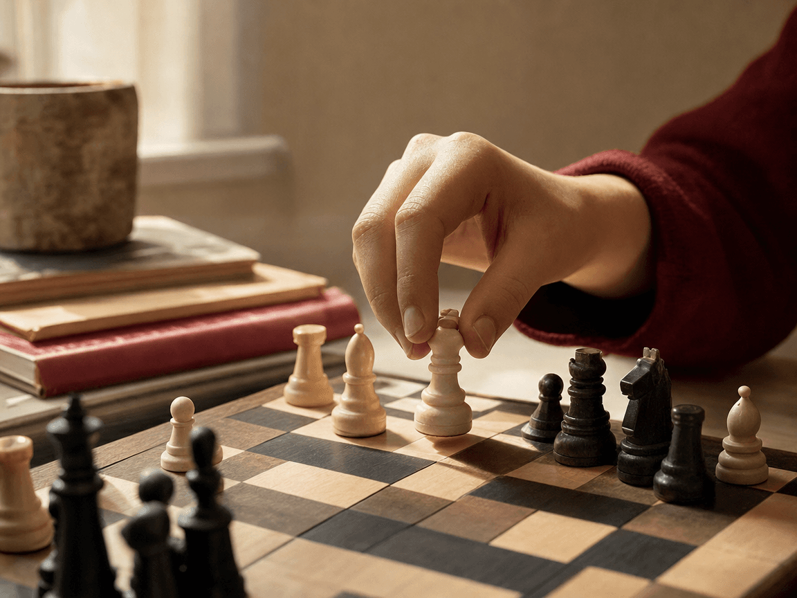 Une main jeune, aux ongles courts et à la peau lisse, pose un pion d'échecs blanc sur un échiquier dont les cases les plus lointaines disparaissent dans un flou doux, photographiée en lumière rasante de fin d'après-midi.