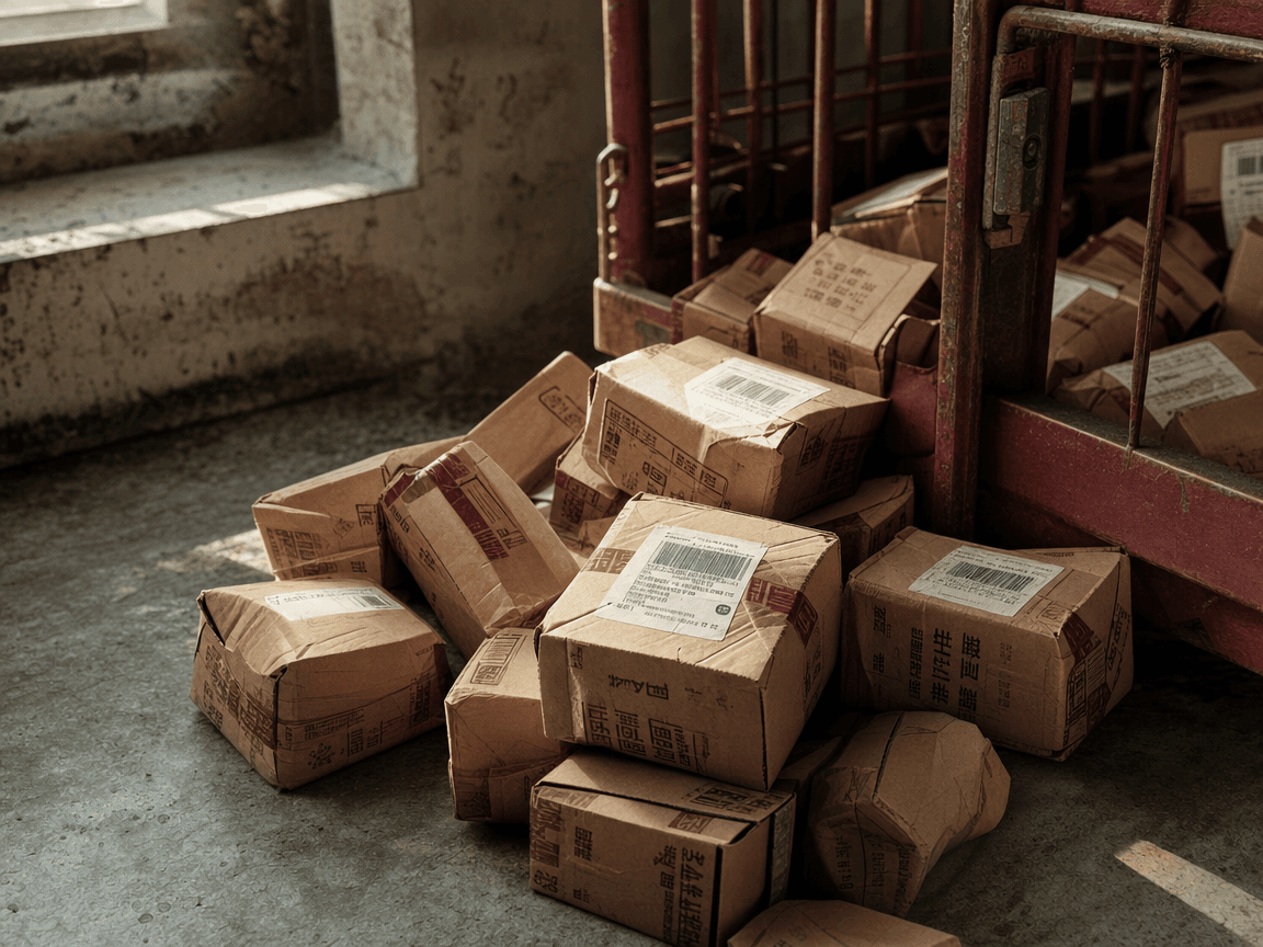 Une pile de petits cartons d'emballage marron froissés, estampillés de caractères chinois et de codes-barres, posée sur le béton d'un quai de tri postal, éclairée par la lumière rasante d'une fenêtre industrielle.