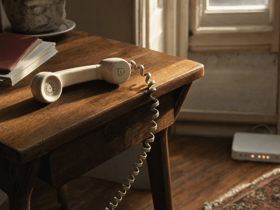 Un combiné téléphonique ancien posé sur une table en bois près d'une fenêtre, câble enroulé au sol, lumière de fin d'après-midi rasant la surface et révélant le grain du bois, flou doux sur un routeur lumineux en arrière-plan.