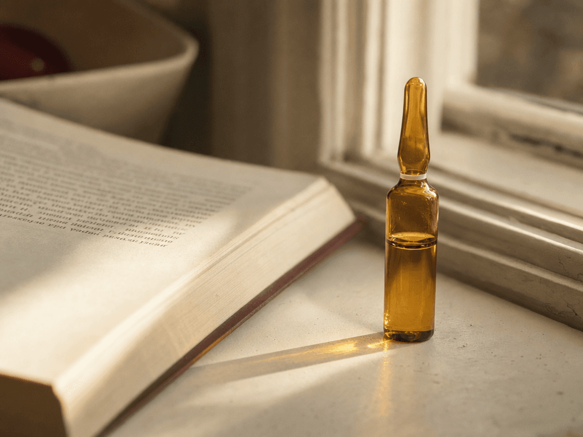 Une ampoule de vitamine D posée sur le rebord d'une fenêtre ensoleillée, sa petite fiole en verre ambré projetant un halo doré sur une page de livre ouverte, légèrement floue en arrière-plan.