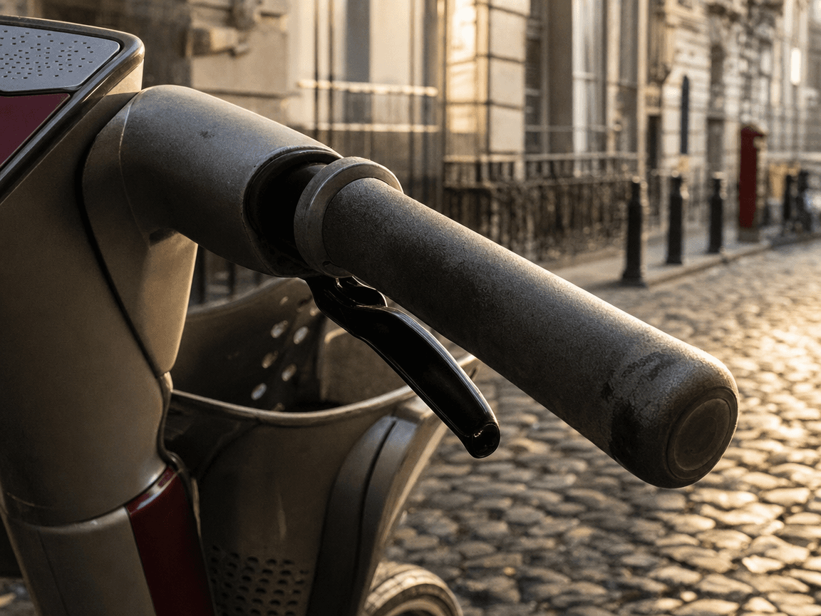 Un guidon de vélo en libre-service photographié en gros plan en contre-plongée légère, la mousse de grip grise usée et luisante capturant la lumière rasante d'un soleil de fin d'après-midi, fond de rue pavée londonienne légèrement floutée.