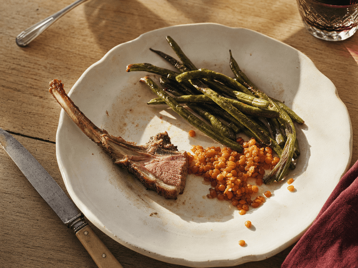 Une assiette en faïence blanche photographiée en plongée légère sur une table en bois clair, où une côtelette d'agneau à peine entamée côtoie un bouquet de haricots verts et quelques lentilles corail, baignés d'une lumière de fin d'après-midi qui dore les bords de la viande et fait luire les légumineuses.