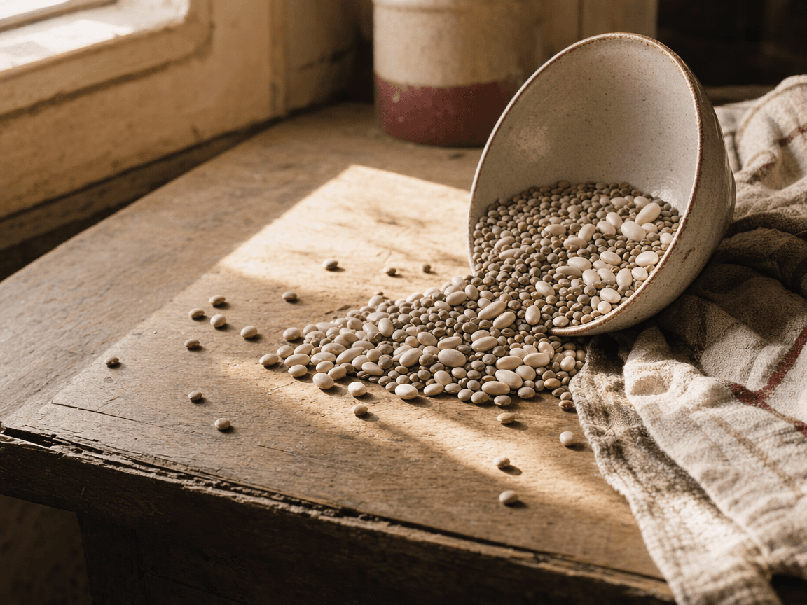 Sur une table de cuisine en bois usé, un bol de légumineuses sèches — lentilles vertes, haricots blancs — renversé avec nonchalance, quelques grains épars captant la lumière oblique d'une fenêtre de fin de matinée.