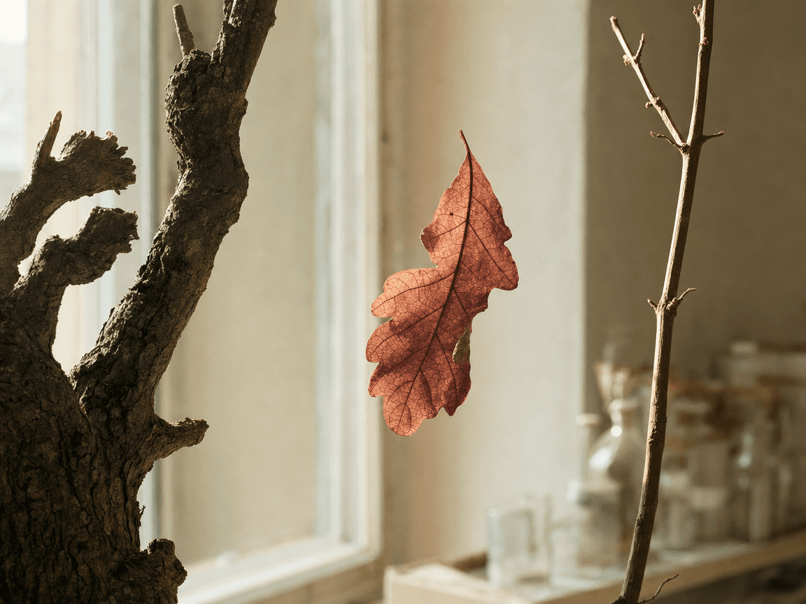 Une feuille d'automne à mi-chute entre deux âges du même arbre, suspendue dans la lumière rasante d'une fenêtre de laboratoire, son réseau de nervures révélé dans toute sa complexité par le contre-jour.