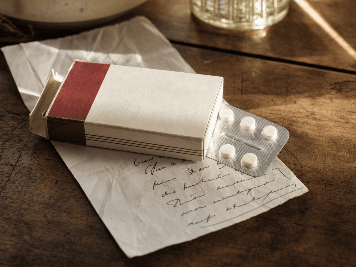 Une boîte de Spasfon posée sur une ordonnance manuscrite froissée, éclairée en lumière rasante de fin d'après-midi, sur le bois usé d'une table de cuisine.