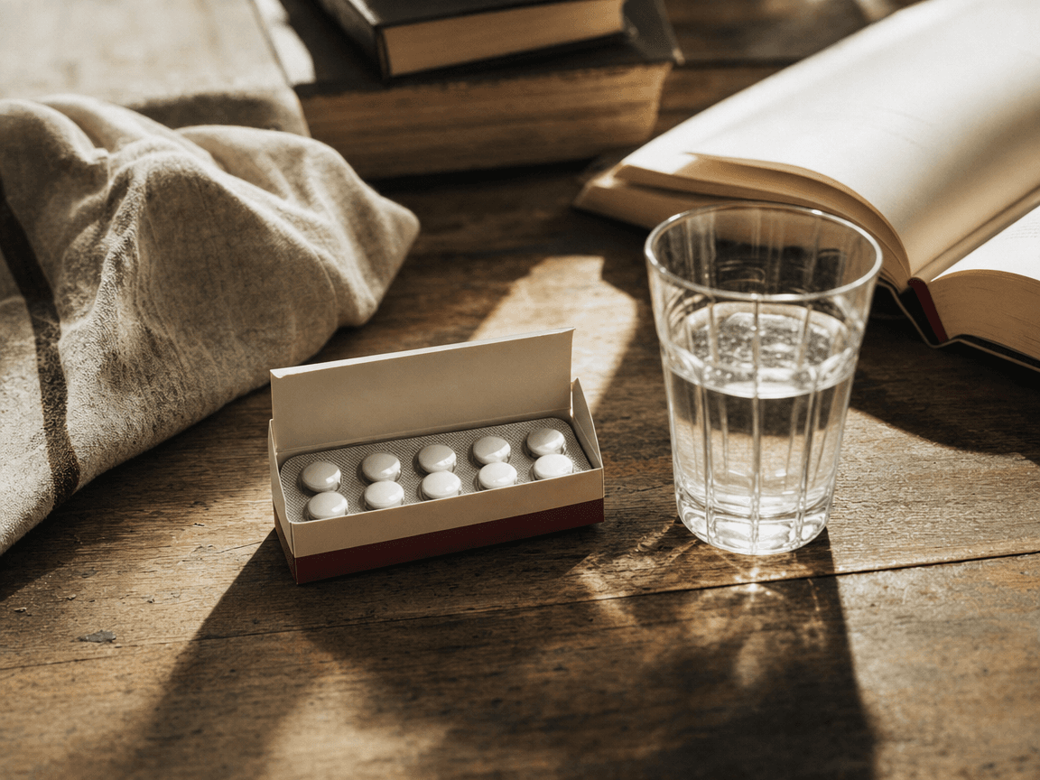 Une boîte de comprimés blancs ouverte sur une table en bois usé, à côté d'un verre d'eau et d'un livre ouvert dont on ne lit pas le titre, baignés d'une lumière de fin d'après-midi qui allonge les ombres.