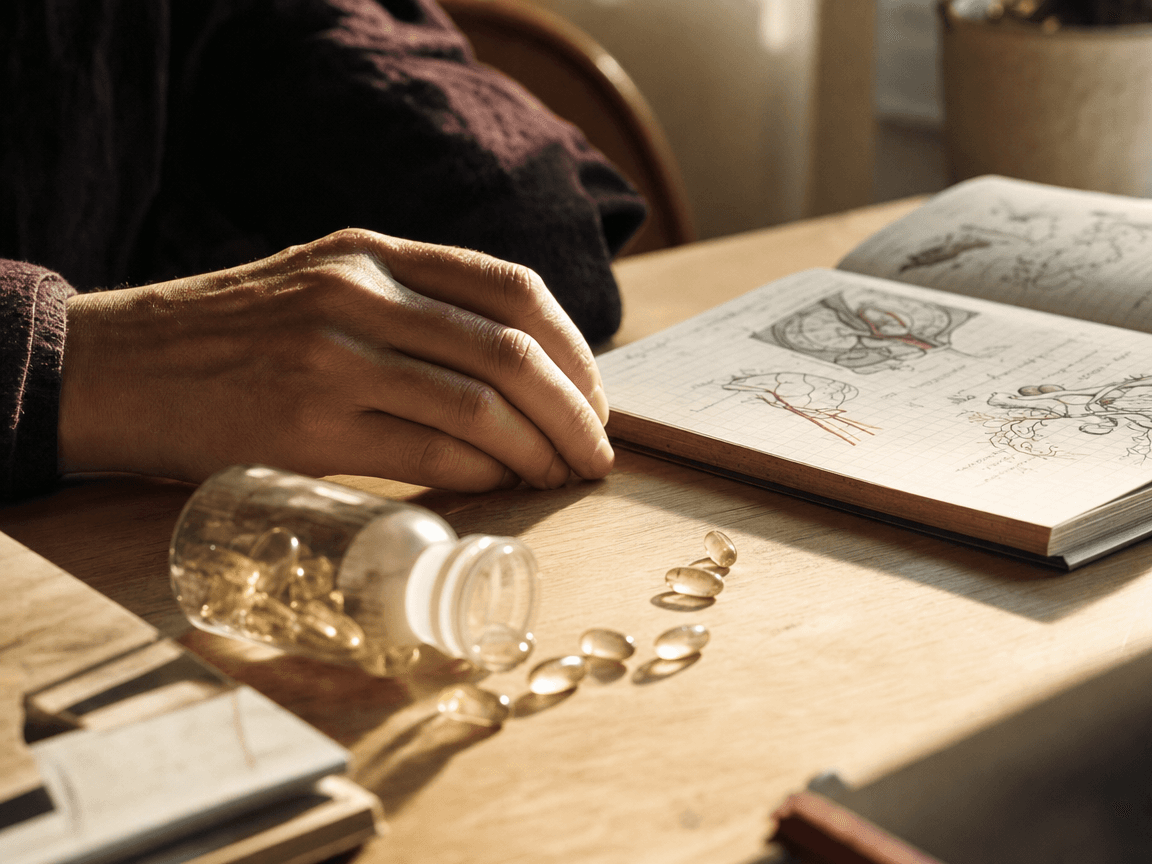 Une main posée sur une table en bois clair, à côté d'un flacon de gélules translucides renversé, dont quelques capsules dorées se dispersent vers un carnet médical ouvert, baigné d'une lumière de fin d'après-midi.